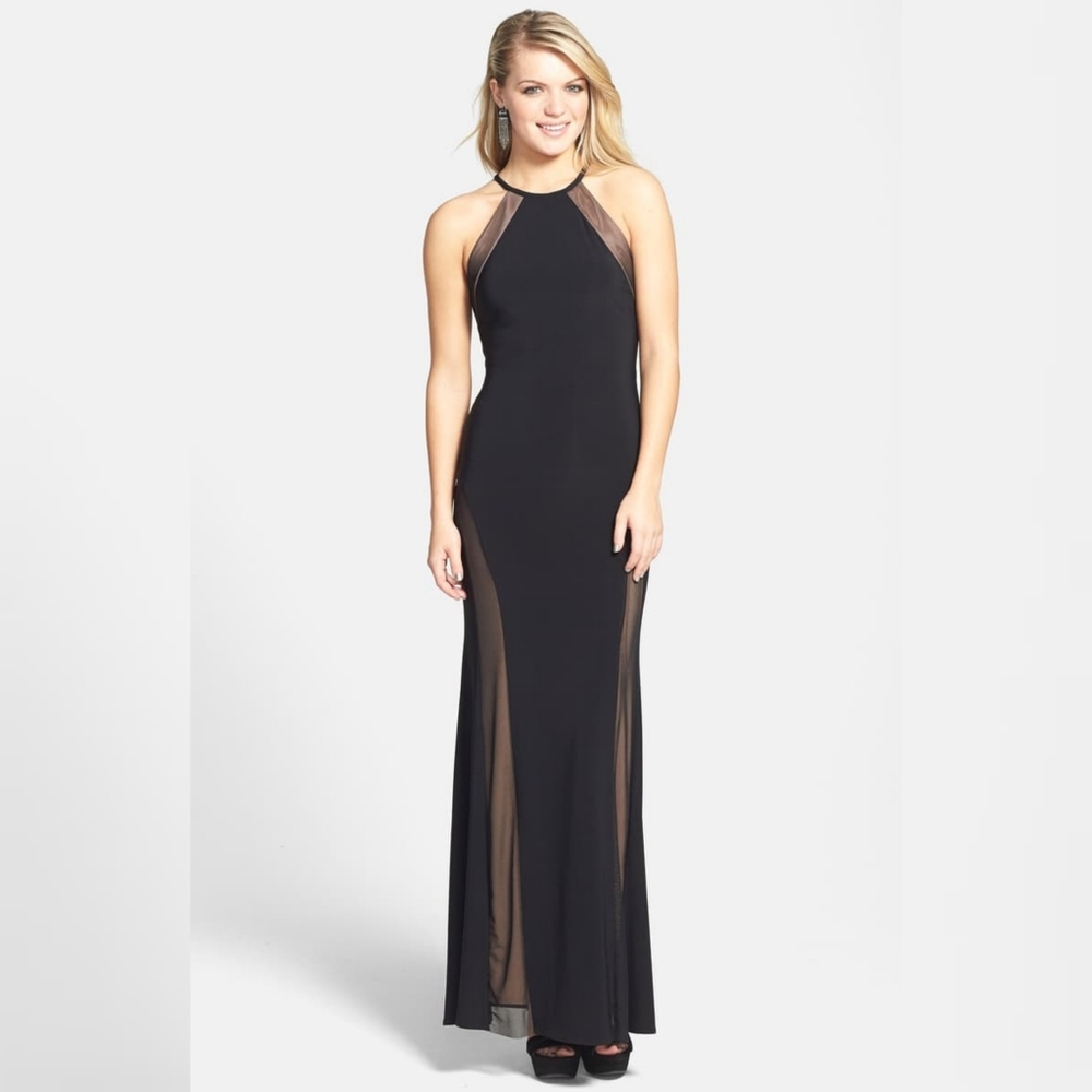 NW NIGHTWAY ILLUSION GOWN IN BLACK/NUDE SIZE 10